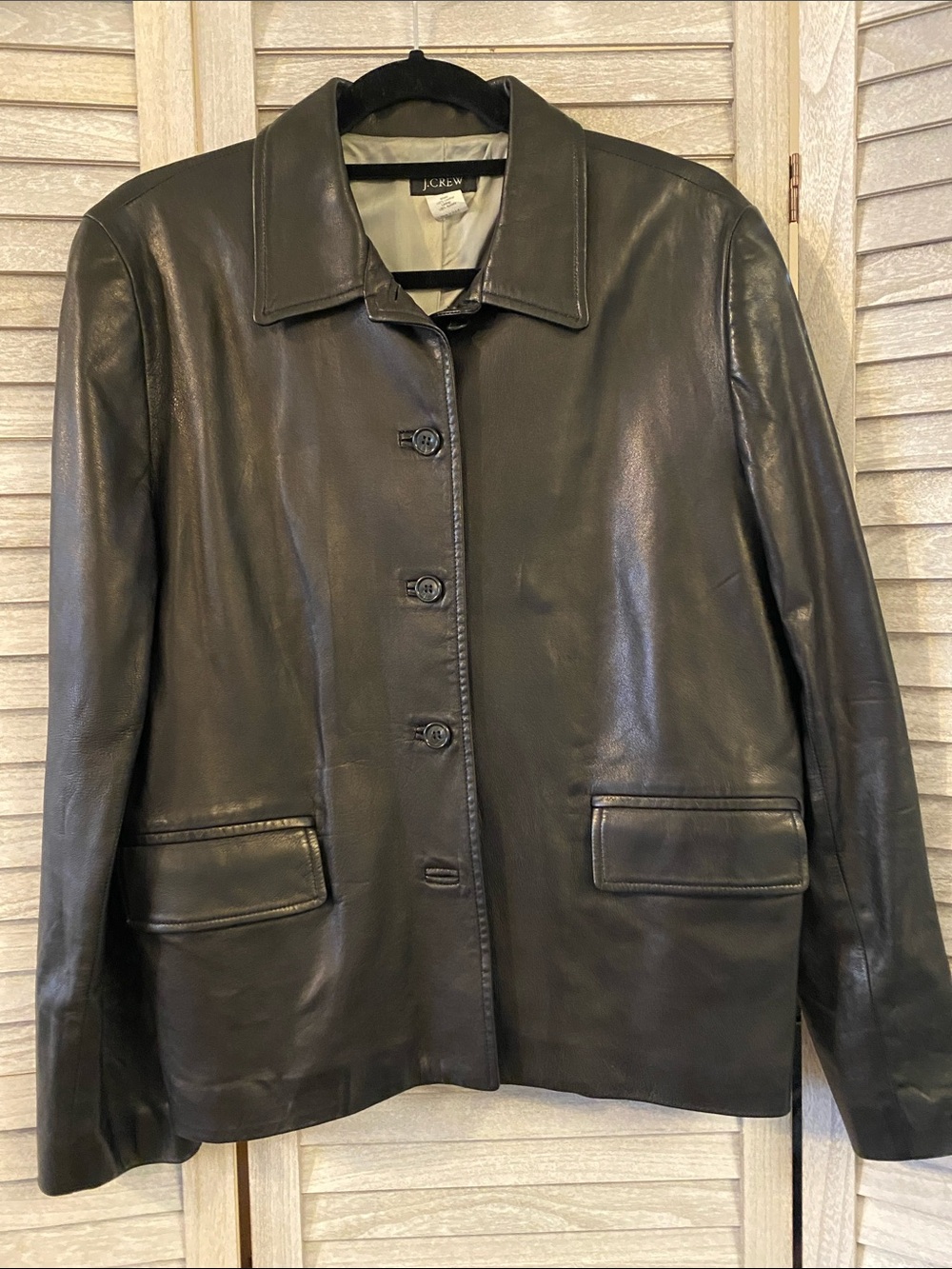 J.Crew Classic 100% Leather Black Button Front Jacket Blazer Size L